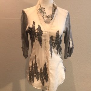 Anthropologie Embroidered Blouse Cream/Grey Sz S